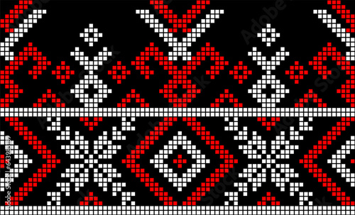 Vector illustration of Ukrainian ornament in ethnic style, identity, vyshyvanka, embroidery for print clothes, websites, banners. Background. Geometric design, border, copy space, frame
