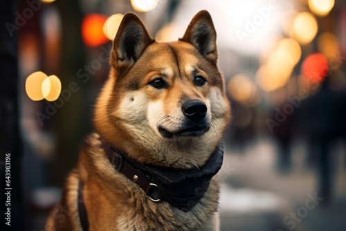 Close-up portrait photography of a funny akita circling before laying down wearing a leather jacket against a charming small town main street. With generative AI technology © Markus Schröder