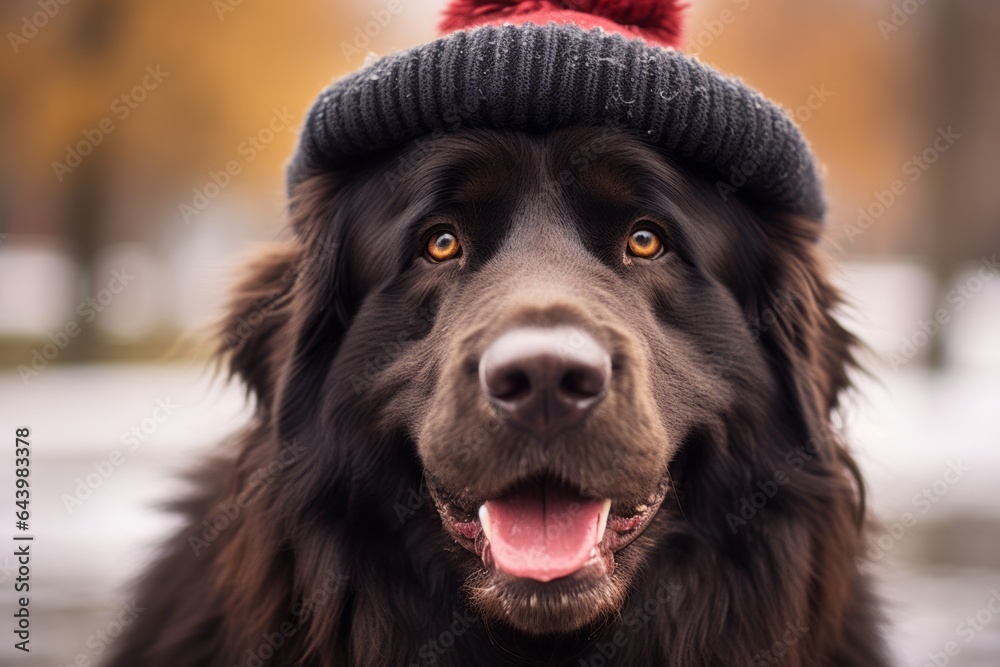 Headshot portrait photography of a smiling newfoundland dog barking wearing a winter hat against a vibrant city park. With generative AI technology