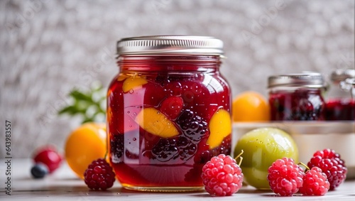 Delecious and beautiful mix fruits jam in a glass jar close- up againts a white brick wall.