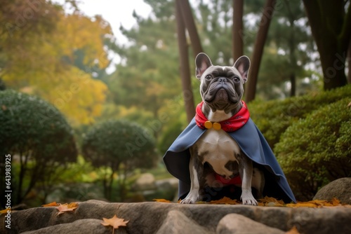 Photographie Environmental portrait photography of a funny french bulldog prancing wearing a superhero cape against a backdrop of a traditional japanese garden