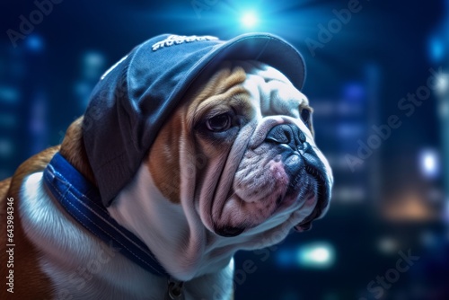 Photography in the style of pensive portraiture of a smiling bulldog doing zoomies wearing a cool cap against a background of bright city lights. With generative AI technology