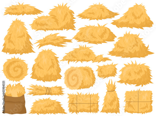 Murais de parede Dry farm haystack, bale, pile and heap stack, straw in rolls and sack bag isolat