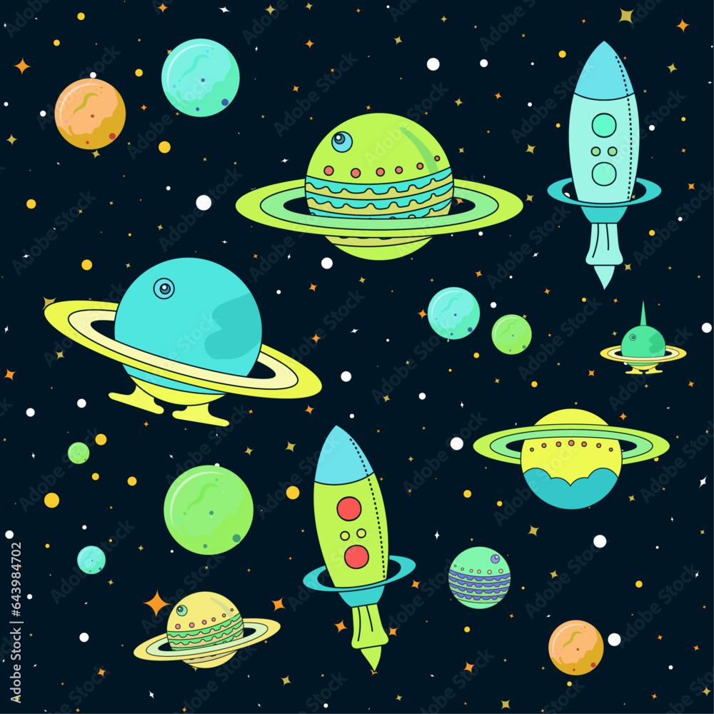 Planets, rockets or shuttle in dark starry sky. Fantasy universe space trip concept design. vector illustration. Seamless pattern with cartoon space rockets, planets and stars. Cartoon vector set. Planets, rockets or shuttle in dark starry sky. Fantasy universe space trip concept design. vector illustration. Seamless pattern with cartoon space rockets, planets and stars. Cartoon vector set.