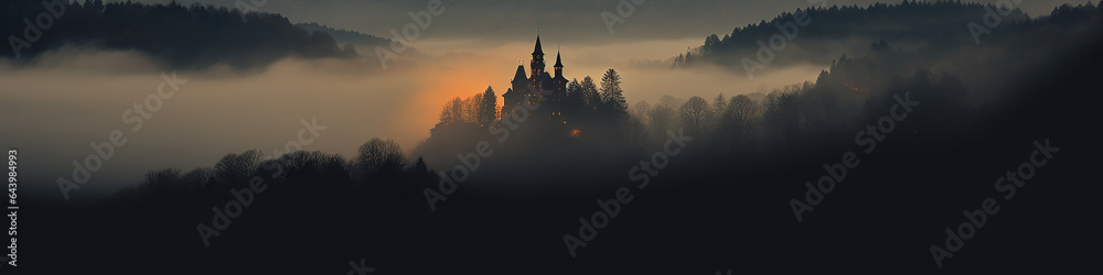 a long narrow panoramic view of the night forest in the mountains and a glowing fairy-tale castle in the fog, a fairy tale of old Europe - obrazy, fototapety, plakaty 