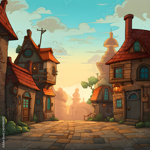 Cartoon landscape, fairy tale backdrop, draw houses, retro background toon style, blue sky with clouds, Surreal landscape illustration - AI Generative