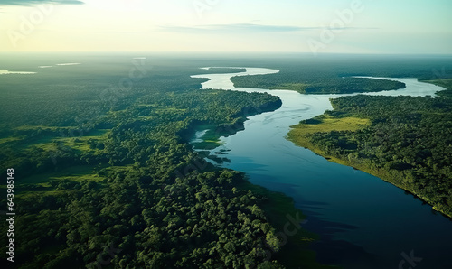 Lush rainforest and rivers in summer, rainforest covered by green trees, beautiful tropical vista landscape, similar to Amazon rainforest, Congo, Southeast Asia, and other regions.