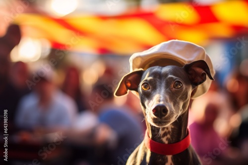 Headshot portrait photography of a happy italian greyhound dog sitting on his owner's lap wearing a chef hat against a vibrant festival crowd. With generative AI technology © Markus Schröder