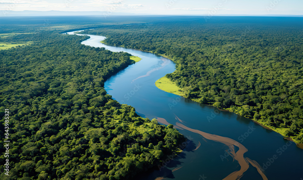 Lush rainforest and rivers in summer, rainforest covered by green trees, beautiful tropical vista landscape, similar to Amazon rainforest, Congo, Southeast Asia, and other regions.