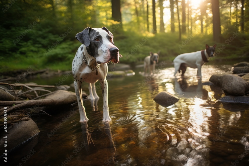 Medium shot portrait photography of a curious great dane playing with other dogs wearing a chef hat against a tranquil forest stream. With generative AI technology Medium shot portrait photography of a curious great dane playing with other dogs wearing a chef hat against a tranquil forest stream. With generative AI technology