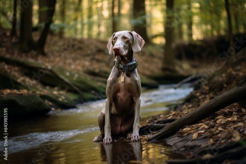 Medium shot portrait photography of a curious weimaraner dog sitting on feet wearing a spiked collar against a tranquil forest stream. With generative AI technology photo
