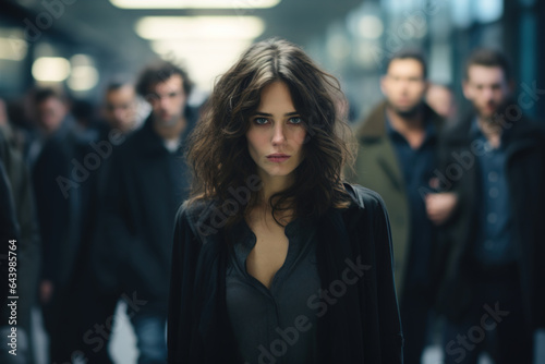 Lonely frightened serious young woman in crowd of lustful man in bokeh looking at camera indoors. Female problems, harassment, abuse, violence concept photo