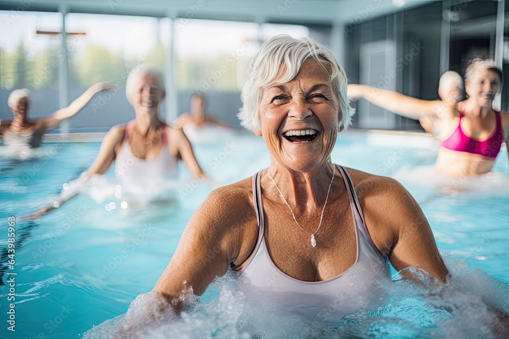 Portrait of smiling senior woman in swimming pool with friends in background, retired healthy lifestyle. ai generative