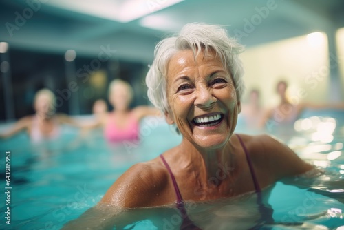 portrait of smiling senior woman in swimming pool with friends in background, retired healthy lifestyle. ai generative © mariof