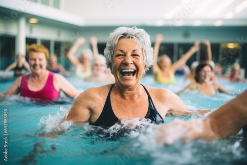 Senior woman smiling while swimming in pool with friends in background at leisure center, retired healthy lifestyle. ai generative