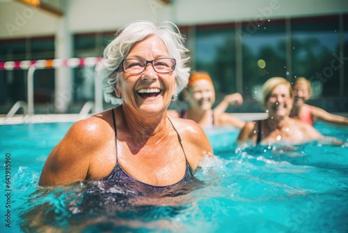 Portrait of smiling senior woman in swimming pool with friends on a sunny day  retired healthy lifestyle. ai generative