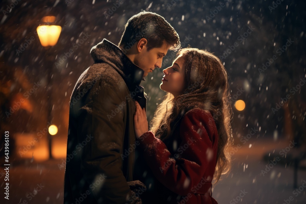 Young woman and man in love during snowfall. AI generated Young woman and man in love during snowfall. AI generated