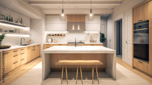 Modern kitchen with center island and bar stools, generative AI.