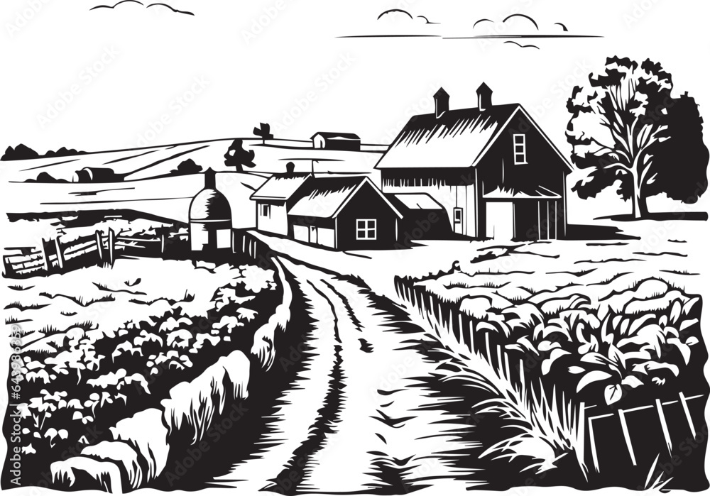 Farm landscape, Farm silhouette, Vector Illustration, SVG