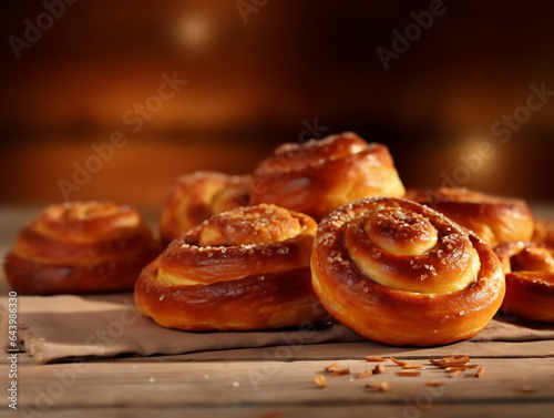 Swedish cinnamon buns on wooden background.  photo