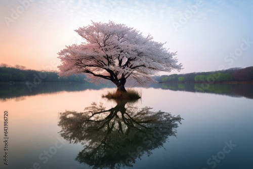 Beautiful cherry blossom tree reflecting on the lake. Generative AI