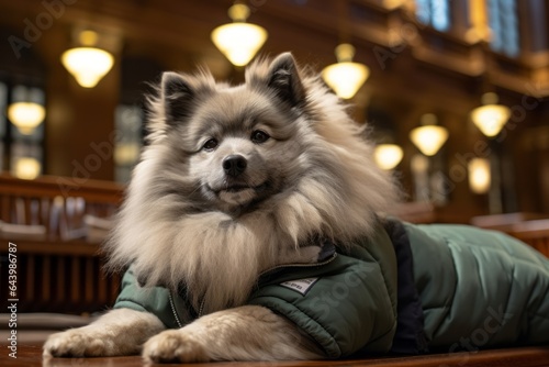 Studio portrait photography of a happy keeshond napping wearing a puffer jacket against a classic library interior. With generative AI technology © Markus Schröder