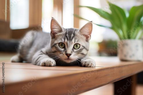 Cute tabby kitten lying on the wooden table in the room
