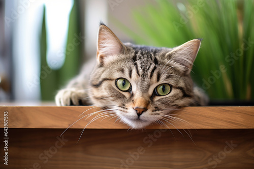 Beautiful tabby cat lying on a wooden shelf in the room