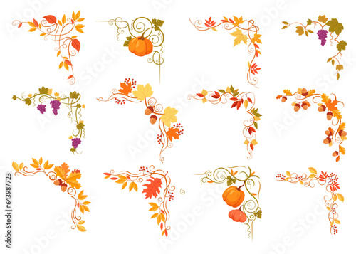 Autumn floral decorative border, frame and corner with plant flower and pumpkin isolated set