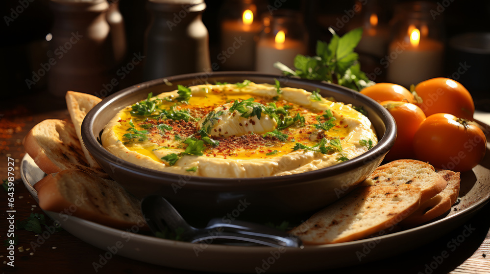 Fresh hummus spread on pita bread appetizer with bread chips Fresh hummus spread on pita bread appetizer with bread chips