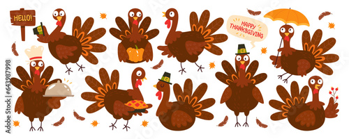 Funny turkey bird cartoon character set happy thanksgiving autumn holiday vector Illustration