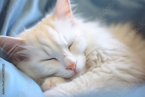 Beautiful white cat sleeping on bed, closeup. Fluffy pet