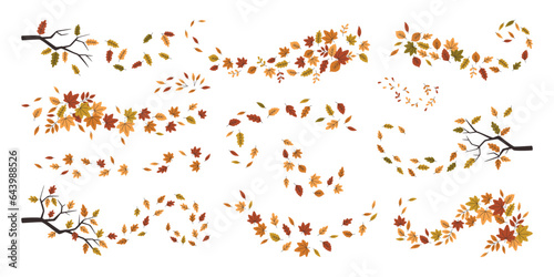Beautiful autumn leaves forest garden foliage swirl isolated seasonal abstract decorative set