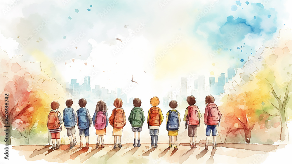 Obraz premium a row of children with backpacks view from the back against a white sky banner poster watercolor painting design back to school camp