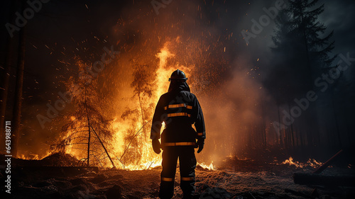 firefighter on the background of a forest fire view from the back