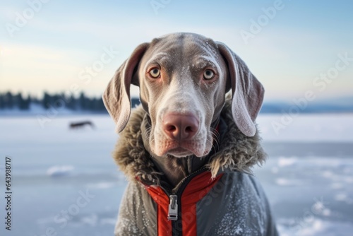 Medium shot portrait photography of a happy weimaraner dog nuzzling wearing a ski suit against a backdrop of a frozen winter lake. With generative AI technology