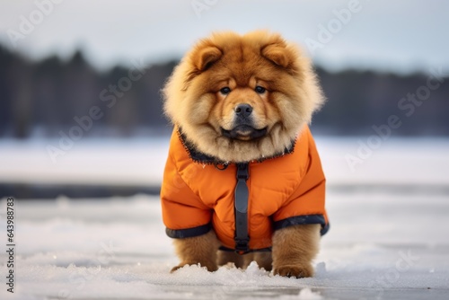 Close-up portrait photography of a cute chow chow dog bringing the leash wearing a raincoat against a backdrop of a frozen winter lake. With generative AI technology © Markus Schröder