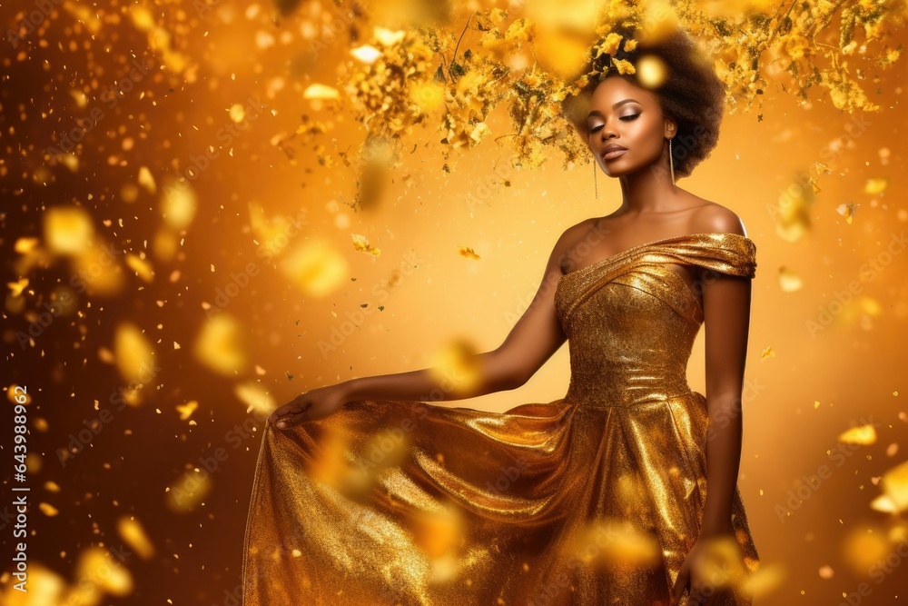 Beautiful african american woman in golden dress with falling leaves on ...