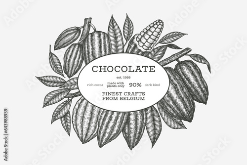 Cocoa Banner Template. Chocolate Retro Cocoa Beans Background. Vector Vintage Style Hand Drawn Illustration.