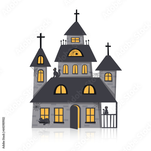 Gloomy Halloween church with yellow windows and black cats. Halloween concept.