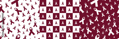 Set of Burgundy Awareness Ribbon Seamless and repeatable pattern on white and Burgundy backgrounds. Editable and scalable Vector Illustration. For headaches, Hughes's, Hirschsprung's, Meningitis
