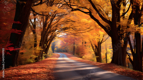 Embark on a journey along a winding road framed by a canopy of autumn trees. The photography reveals the arched branches  the filtered sunlight and the inviting path.