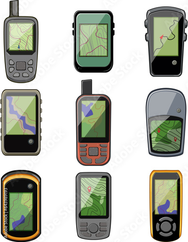 gandheld gps set cartoon. device map, outdoor navigator, equipment location gandheld gps sign. isolated symbol vector illustration