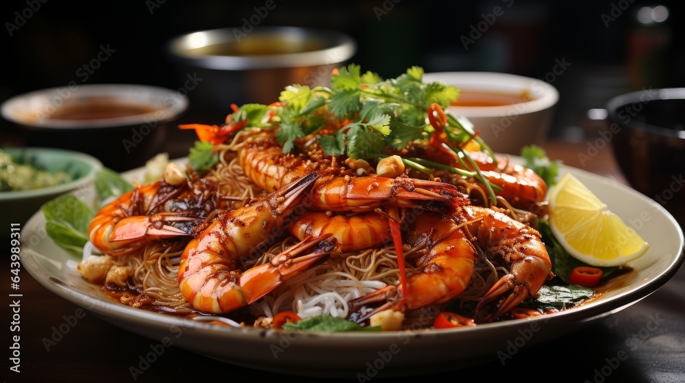 Rustic seafood meal with noodle dish