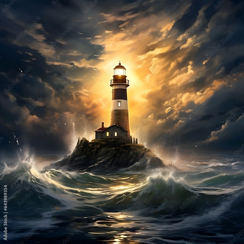 Beautiful Lighthouse in the night during a storm and high tide waves with sunset in the background.