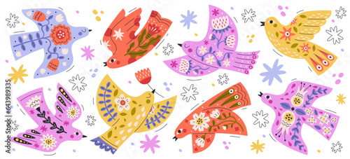 Folk art ornament pattern bird flying high, holding flower in beak isolated vector illustration set