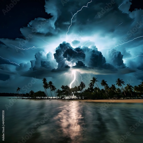 Storm over the ocean ans Island during the evening time with thunder lightening and bright sky.