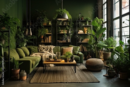 Decorated living room with various indoor plants. Stylish and green industrial interior with an urban jungle feel. Ideal for magazines. Generative AI