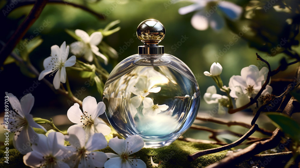 A round transparent glass perfume bottle with a silver lid, fragrance, aromatic close-up. branches of a blooming apple tree, petals and white flowers. atmospheric lighting A round transparent glass perfume bottle with a silver lid, fragrance, aromatic close-up. branches of a blooming apple tree, petals and white flowers. atmospheric lighting