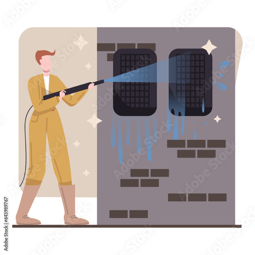 Male in uniform and protective shoes holding hose and cleans windows under pressure of water. Car wash concept. Flat vector illustration in blue and brown colors